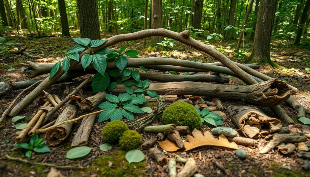 Naturalne materiały do budowy schronienia: gałęzie, liście, mech i kora