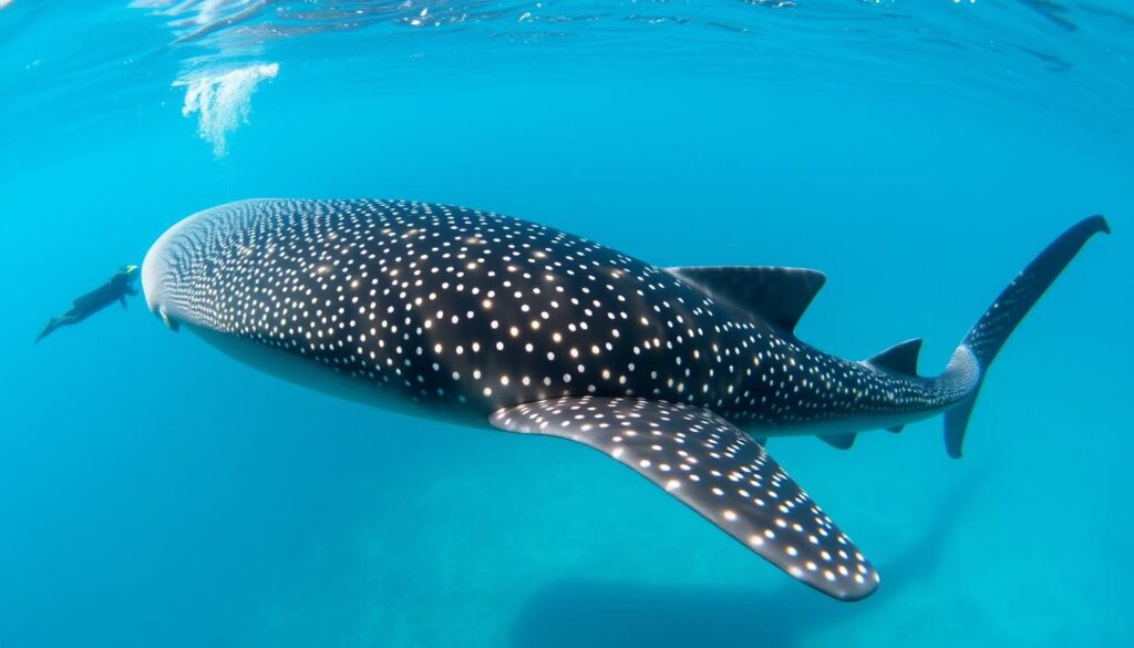 Nurek obserwujący rekina wielorybiego w wodach Bali