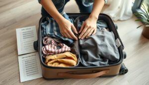 Osoba pakująca walizkę z listą rzeczy do spakowania na wakacje