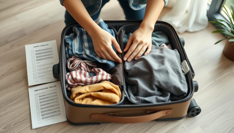 Osoba pakująca walizkę z listą rzeczy do spakowania na wakacje