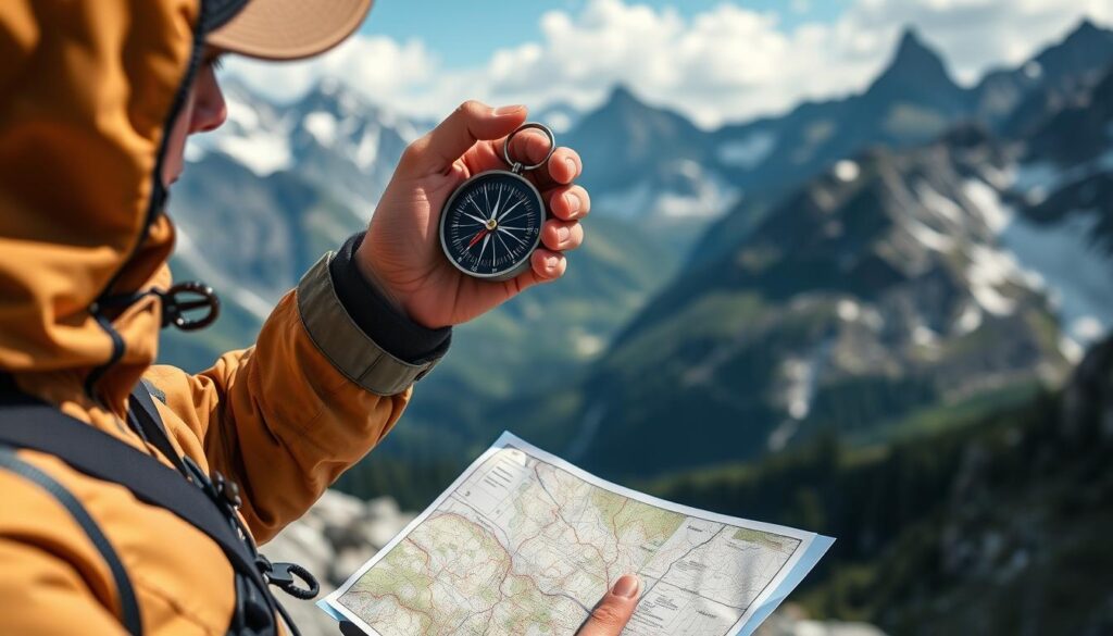 Osoba używająca kompasu do wyznaczania azymutu w górskim terenie