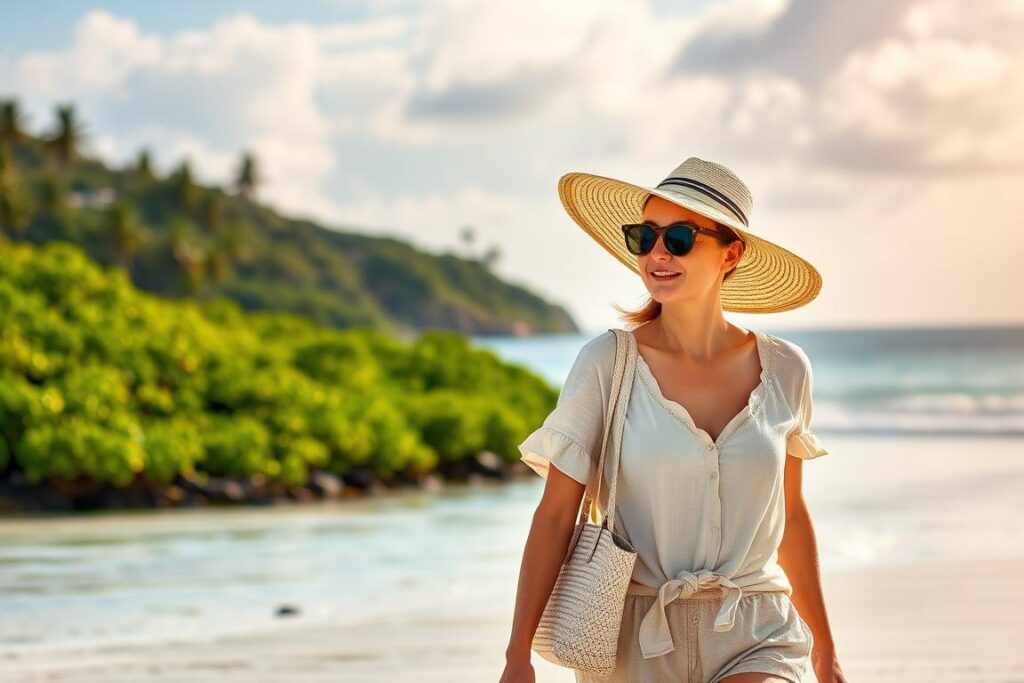 Osoba w kapeluszu i stroju plażowym na Seszelach, co zabrać na wakacje na Seszele
