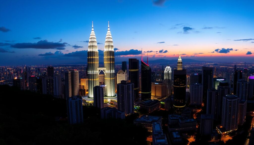 Panorama Kuala Lumpur z widokiem na Petronas Towers nocą