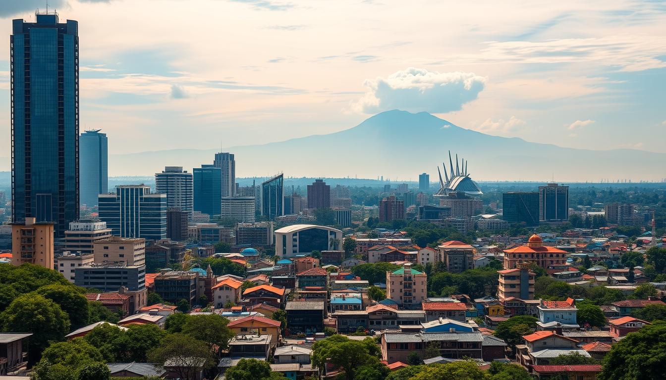Panorama Nairobi - stolica Kenii z widokiem na nowoczesne budynki i tradycyjne targowisko