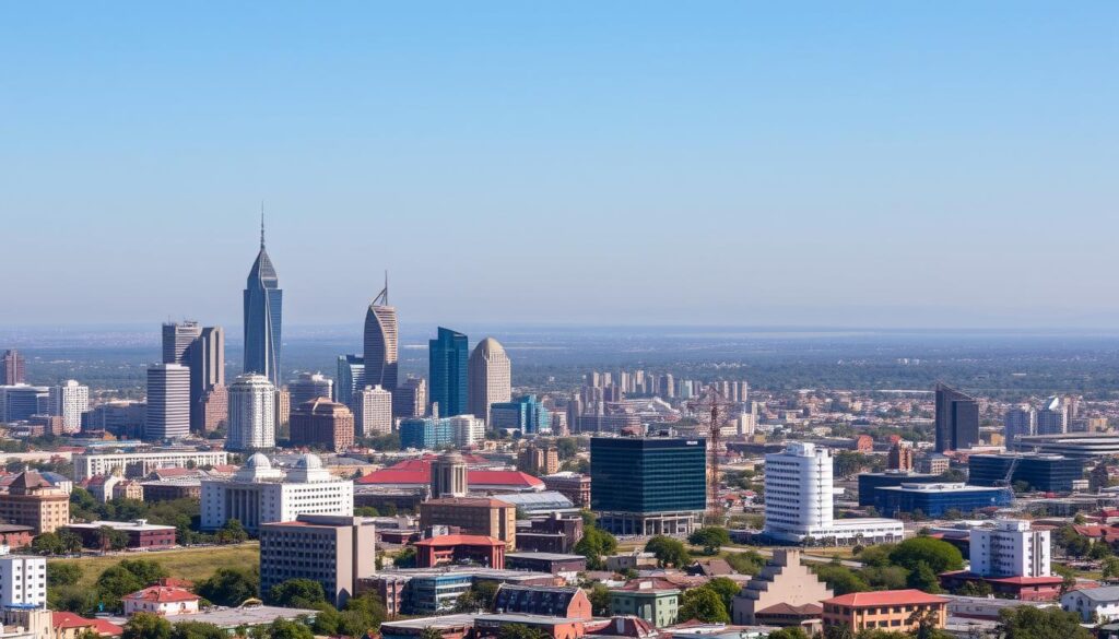 Panorama Nairobi z nowoczesnymi wieżowcami i parkiem narodowym w tle