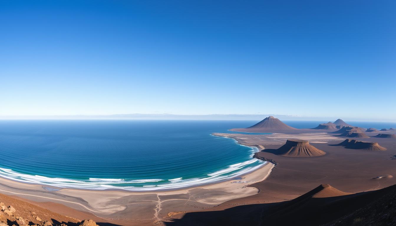 Panorama wybrzeża Lanzarote i Fuerteventury zimą z widokiem na plaże i wulkaniczne krajobrazy