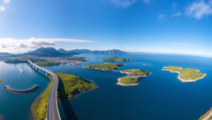 Panoramiczny widok na Drogę Atlantycką w Norwegii z charakterystycznymi mostami nad oceanem