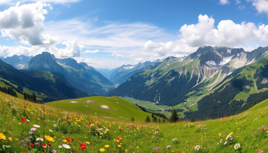 Panoramiczny widok na Logarską Dolinę w Słowenii z alpejskimi łąkami i górami w tle