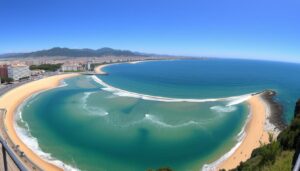 Panoramiczny widok na plażę La Concha w San Sebastian z charakterystycznym półksiężycowym kształtem zatoki i górami w tle