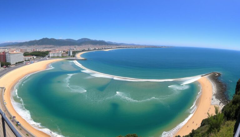 Panoramiczny widok na plażę La Concha w San Sebastian z charakterystycznym półksiężycowym kształtem zatoki i górami w tle