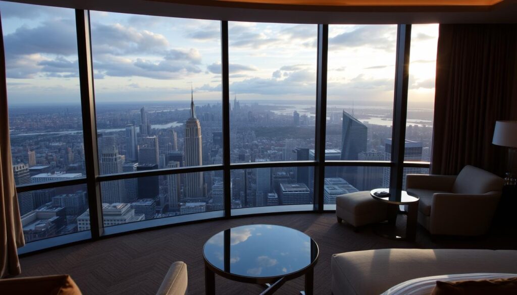 Panoramiczny widok z luksusowej suity hotelowej na miasto