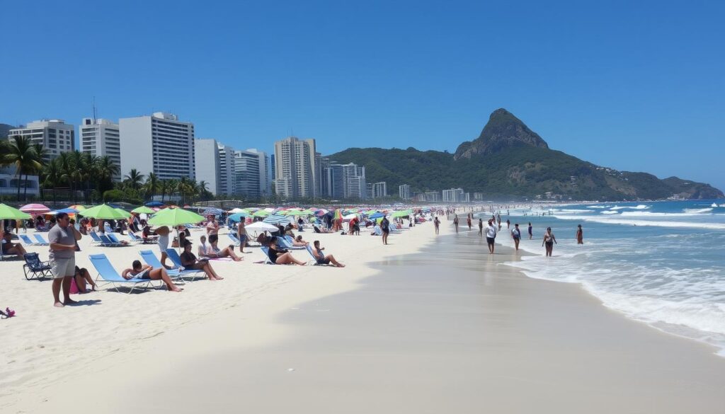 Plaża Copacabana w Rio de Janeiro z ludźmi korzystającymi z rozrywek pokazująca koszty życia w Brazylii