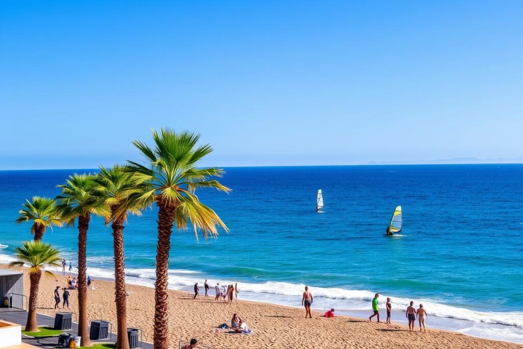 Plaża Las Cucharas w Costa Teguise na Lanzarote z windsurferami