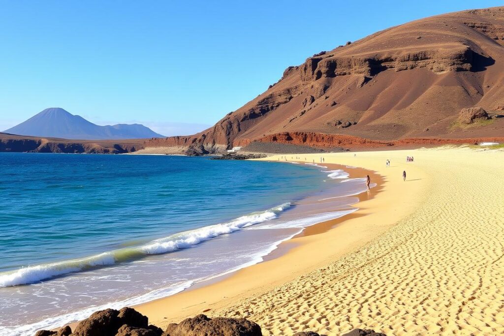 Plaża Papagayo na Lanzarote zimą z turkusową wodą i złotym piaskiem