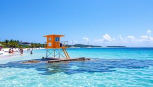 Plaża na Jamajce z turystami i ratownikiem na wieży obserwacyjnej