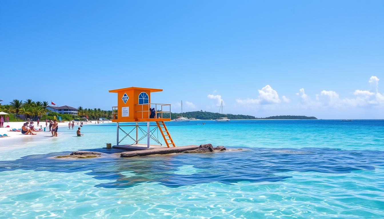 Plaża na Jamajce z turystami i ratownikiem na wieży obserwacyjnej
