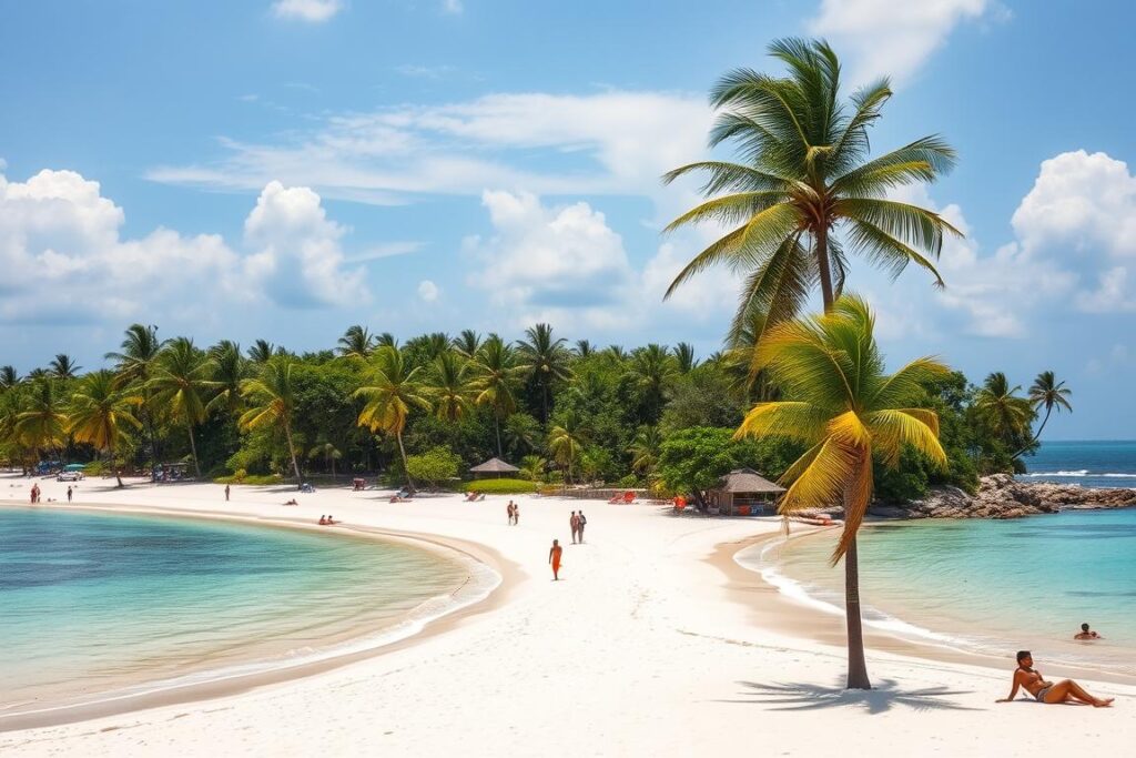 Plaża w Mombasie z palmami i turystami odpoczywającymi na białym piasku