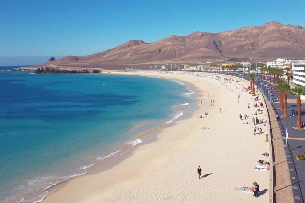 Plaża w Morro Jable na południu Fuerteventury z widokiem na ocean i promenadę