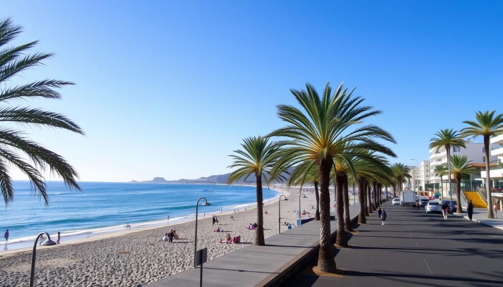 Plaża w Puerto del Carmen na Lanzarote zimą z palmami i promenadą