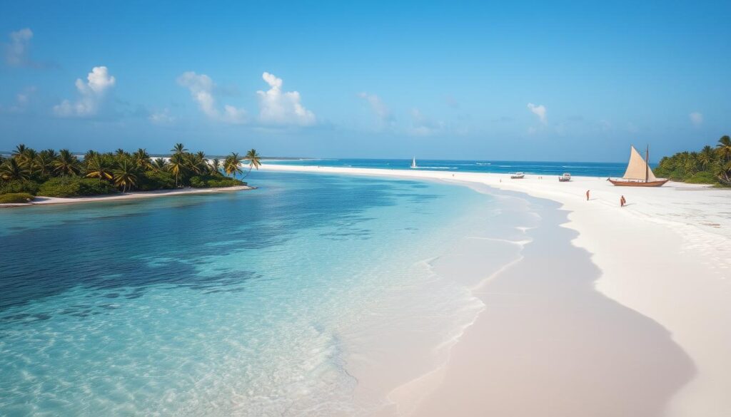 Plaża w Watamu z białym piaskiem i turkusową wodą Oceanu Indyjskiego