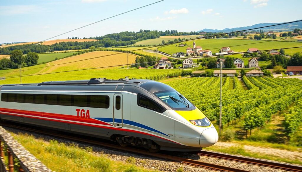 Pociąg TGV przejeżdżający przez francuski krajobraz