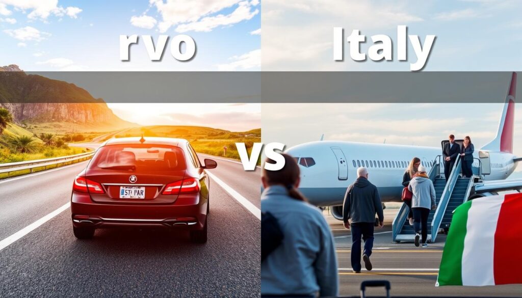 Porównanie podróży samochodem i samolotem - kolaż pokazujący oba środki transportu