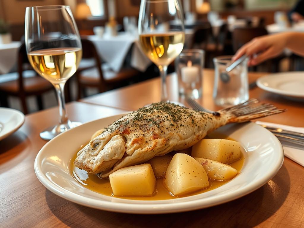 Portugalskie danie bacalhau z ziemniakami i oliwą na talerzu w restauracji