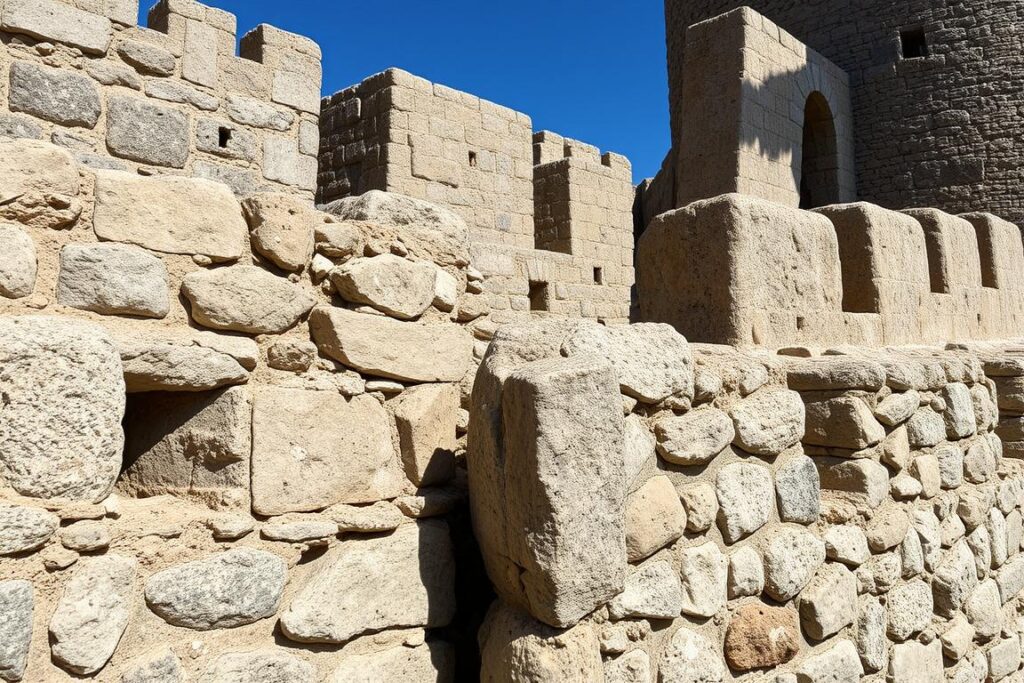 Pozostałości murów obronnych zamku w Krzemieńcu z widocznymi elementami architektury obronnej