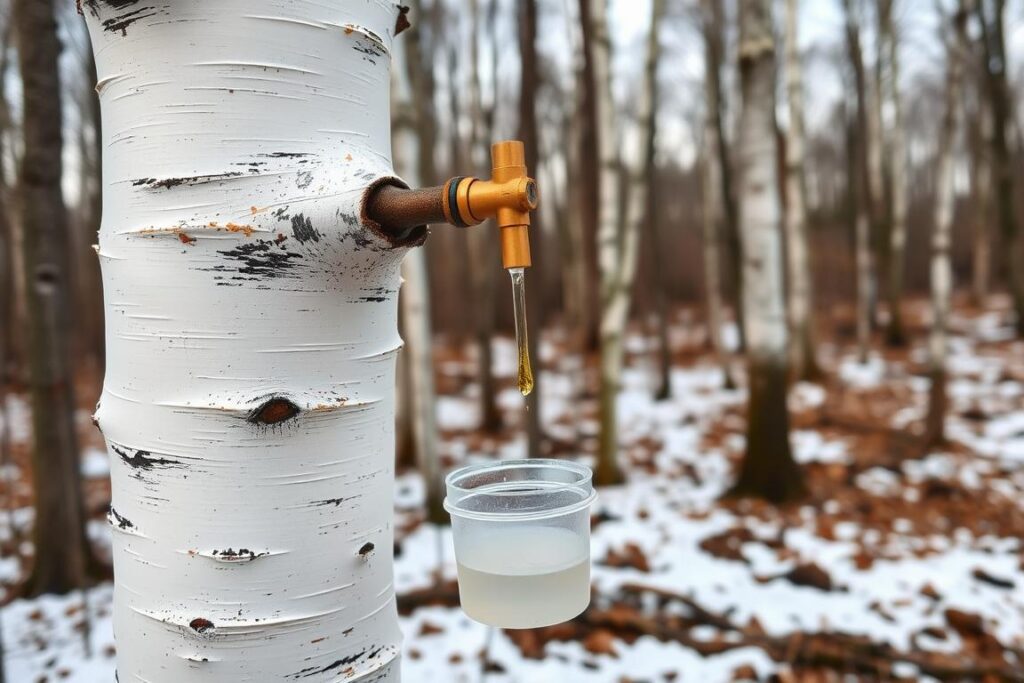 Pozyskiwanie soku z brzozy metodą nawiercania pnia