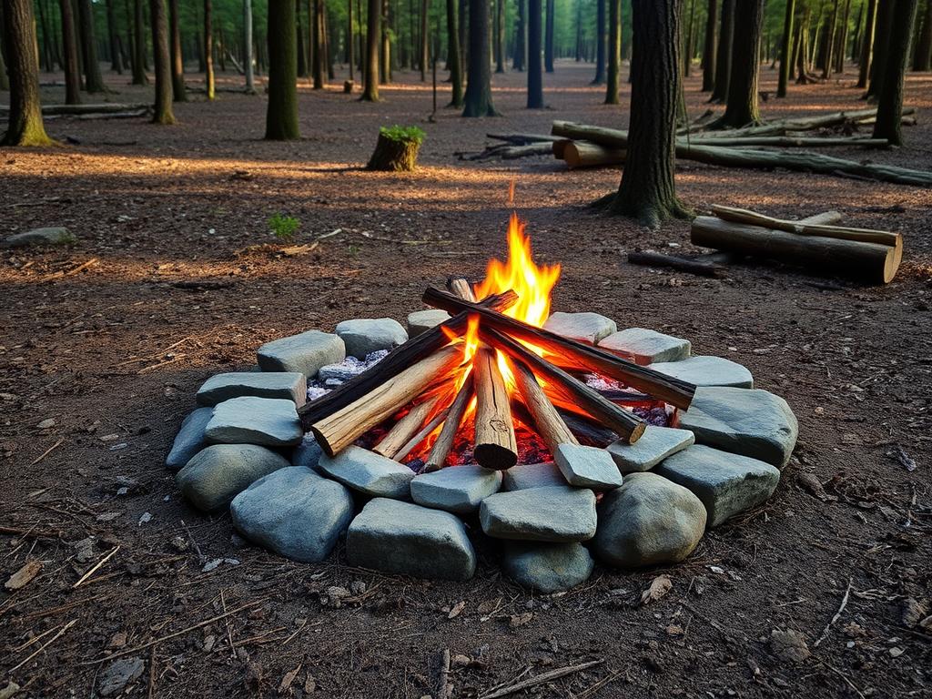 Prawidłowo zbudowane palenisko z kamiennym kręgiem w lesie