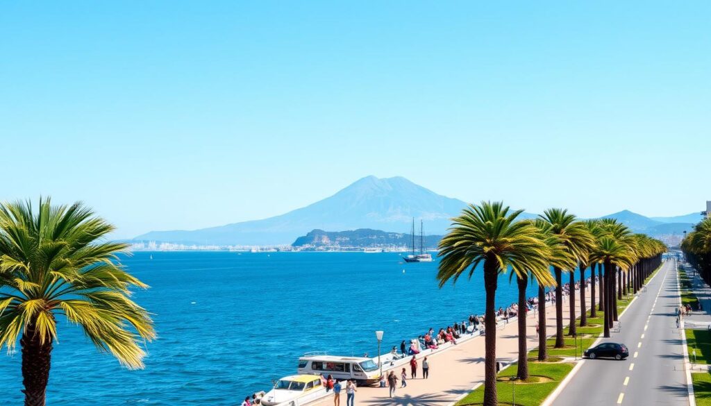 Promenada Lungomare w Neapolu z widokiem na Zatokę Neapolitańską i Wezuwiusz
