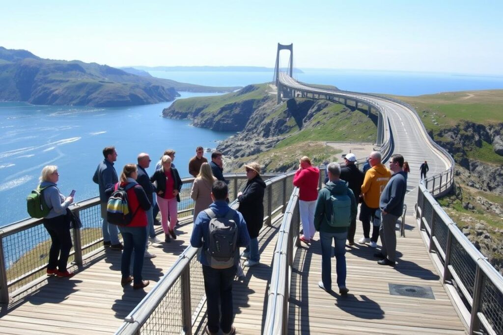 Punkt widokowy przy moście Storseisundet na Drodze Atlantyckiej w Norwegii z platformą obserwacyjną