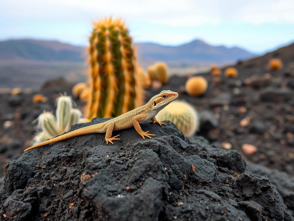 Pustynny krajobraz Fuerteventury z kaktusami i jaszczurką