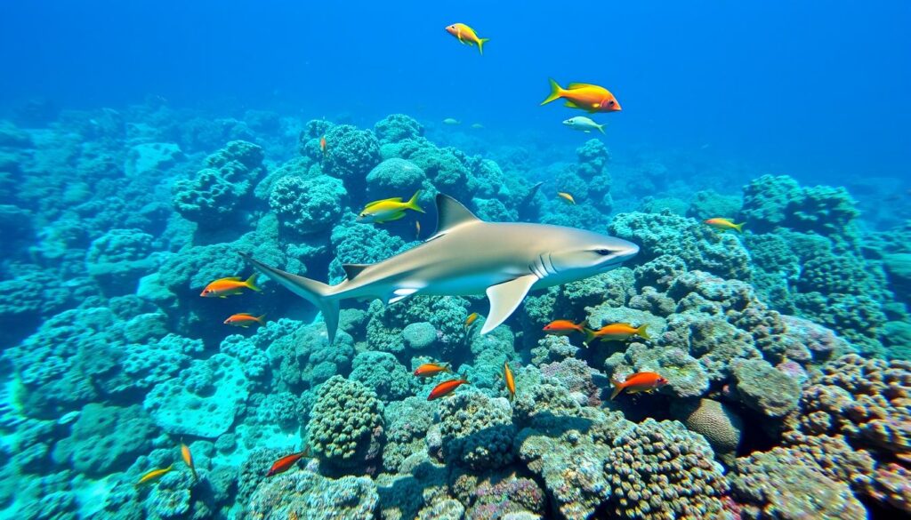 Rafa koralowa u wybrzeży Kenii z rekinem rafowym pływającym wśród kolorowych ryb
