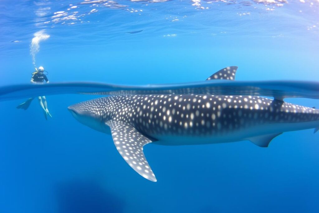 Rekin wielorybi pływający u wybrzeży Kenii, obserwowany przez nurków