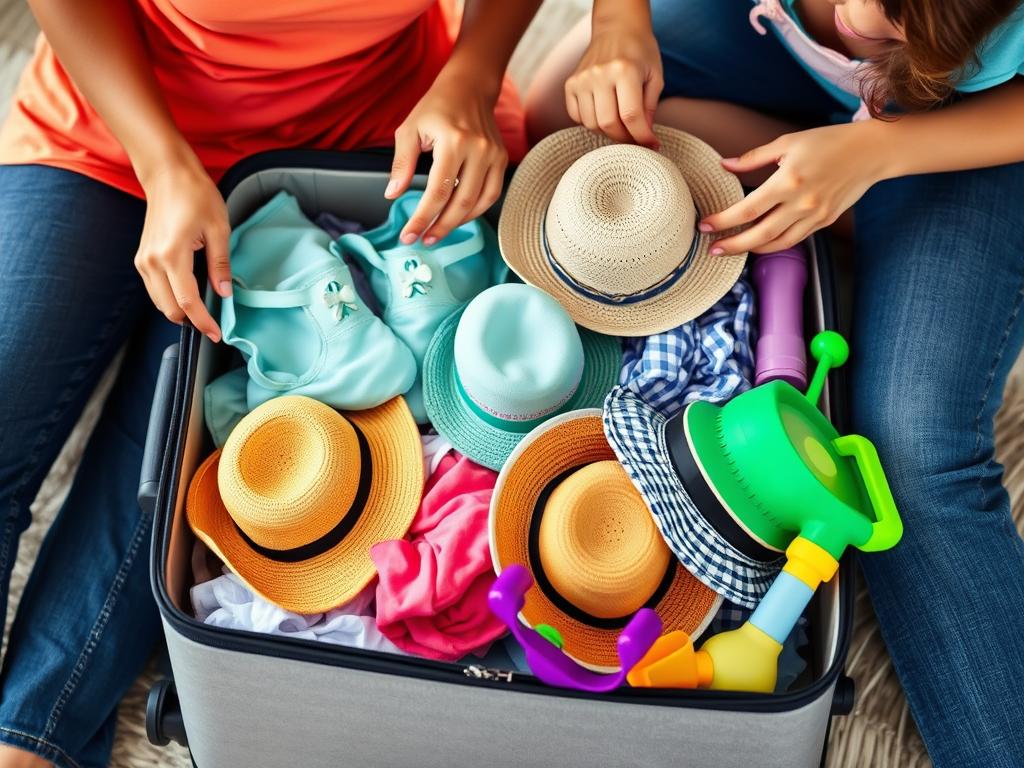 Rodzina pakująca walizkę na wyjazd na Dominikanę, z rzeczami dla dziecka