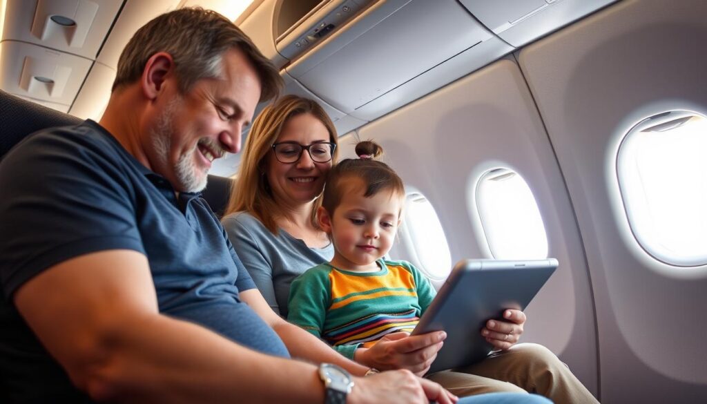 Rodzina z dzieckiem na pokładzie samolotu lecącego na Dominikanę, dziecko zajęte zabawkami i tabletem
