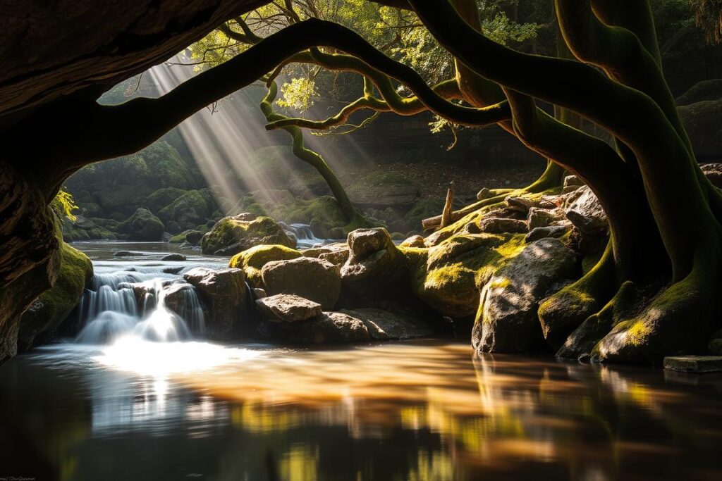 Romantyczna grota w Parku Sofijowka z wodospadem i kamiennym mostem