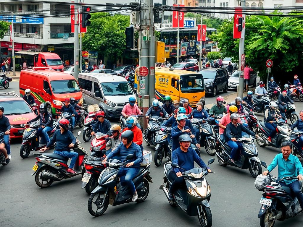 Ruch drogowy w Ho Chi Minh City - dziesiątki skuterów na skrzyżowaniu