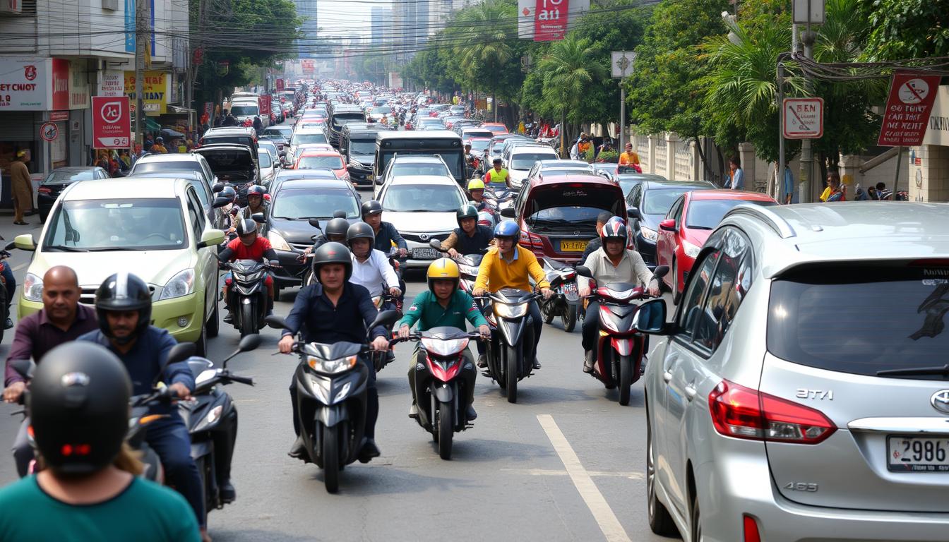 Ruch uliczny w Hanoi, Wietnam - skutery i samochody na zatłoczonej ulicy