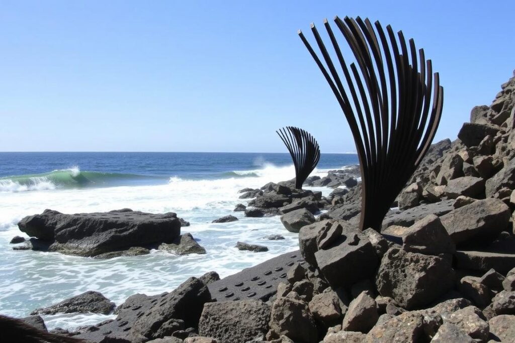 Rzeźby Peine del Viento (Grzebień Wiatru) Eduardo Chillidy na zachodnim krańcu zatoki La Concha