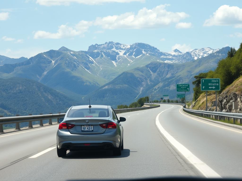 Samochód na autostradzie we Włoszech z górskim krajobrazem w tle