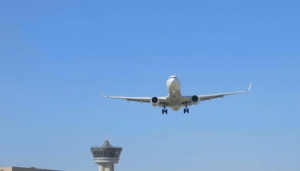 Samolot lądujący na lotnisku Fiumicino w Rzymie z widokiem na terminal