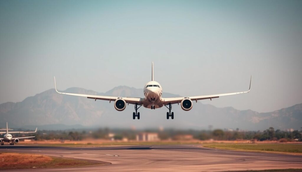 Samolot lądujący na lotnisku Jomo Kenyatta w Nairobi z widokiem na góry w tle