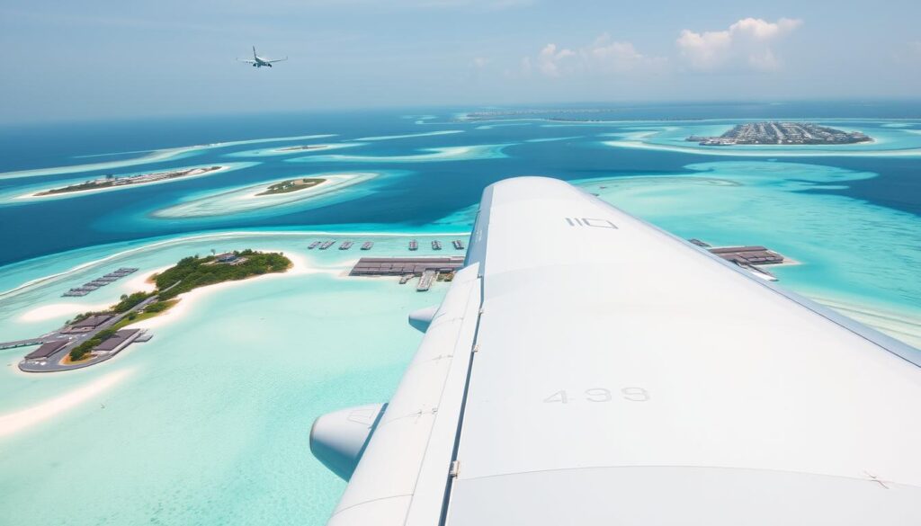 Samolot lądujący na lotnisku na Malediwach z widokiem na turkusową lagunę i wyspy