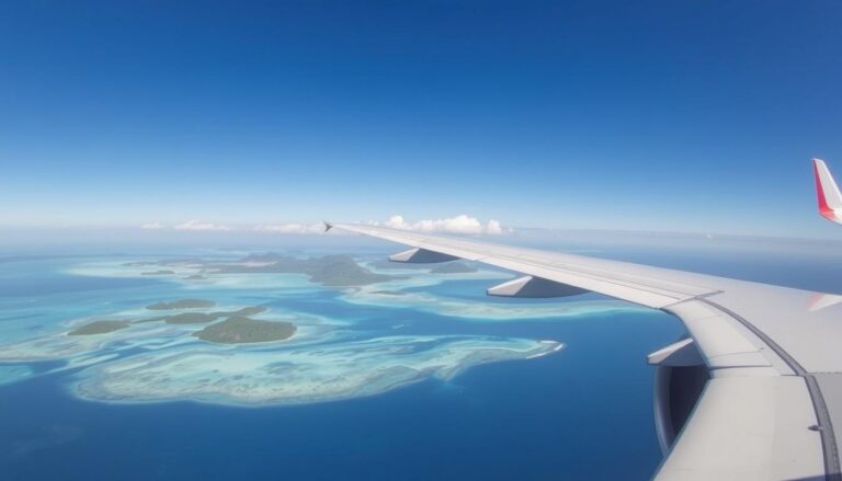 Samolot lecący nad turkusowymi wodami Seszeli z widokiem na wyspy z lotu ptaka