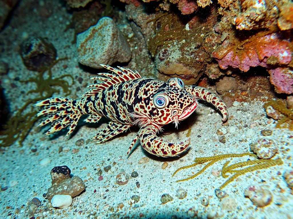 Skorpena (Scorpaena porcus) zakamuflowana na dnie morskim przy wybrzeżu Cypru