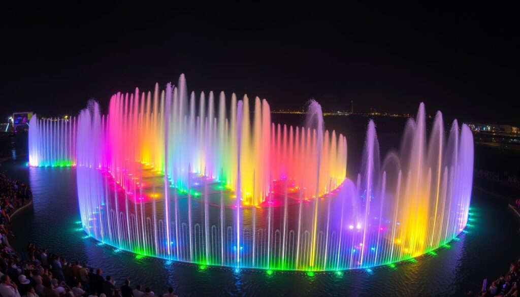 Spektakularny pokaz fontanny multimedialnej w Winnicy, Ukraina, z kolorowymi strumieniami wody podświetlonymi na różne kolory nocą