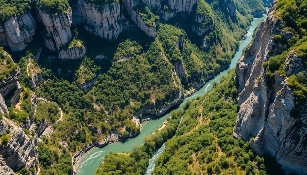 Spektakularny widok na kanion Dniestru w Ukrainie z wysokimi skalnymi ścianami i rzeką wijącą się na dnie