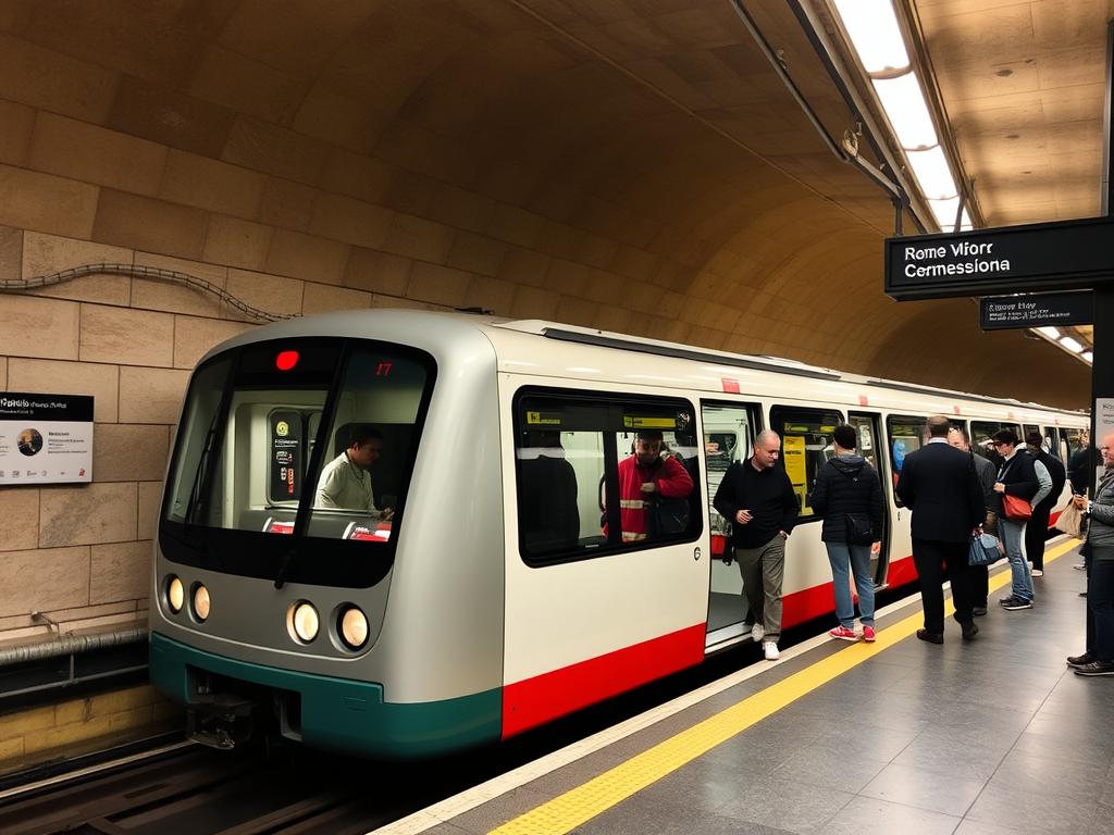 Stacja metra w Rzymie z wagonem metra i pasażerami na peronie